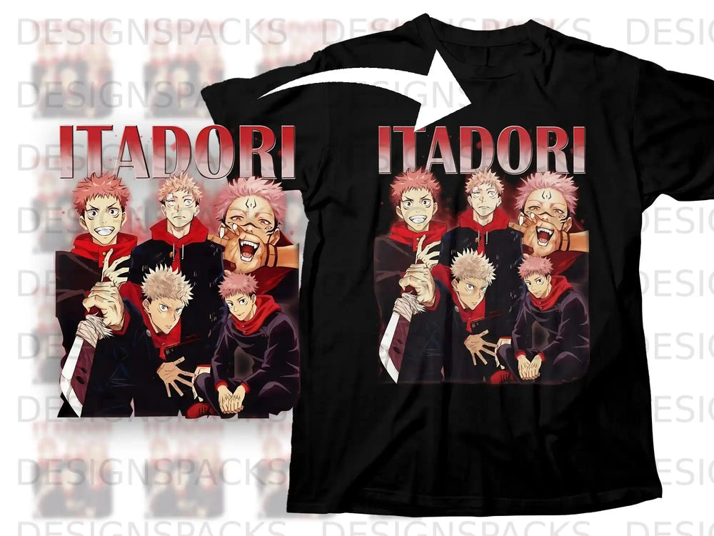 Black t-shirt featuring anime characters Itadori and friends from Jujutsu Kaisen.