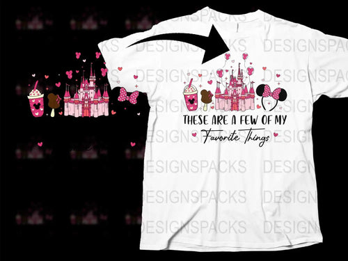 Pink Disney castle, Minnie ears, and drink design on white t-shirt with 'Favorite Things' text