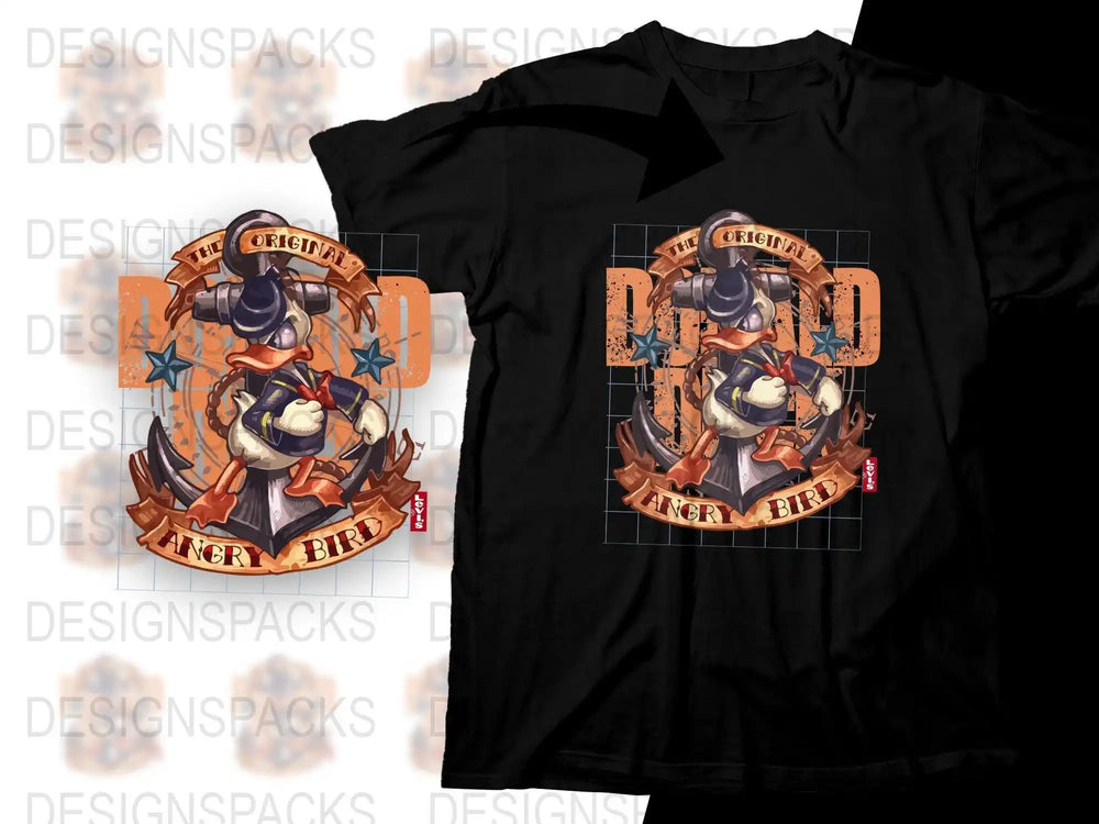 Angry Bird Donald Duck t-shirt design with anchor, stars, and 'The Original' banner for DTG/DTF printing