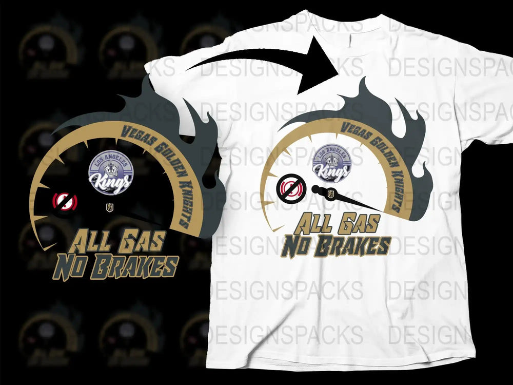 Vegas Golden Knights 'All Gas No Brakes' t-shirt design with flame graphics and team logos