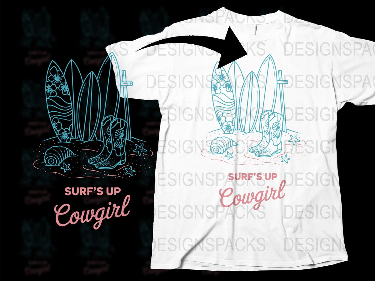 Surf's Up Cowgirl T-Shirt, Ocean Waves Graphic Tee, Beach Style Clothing, Unique Summer Fashion Top
