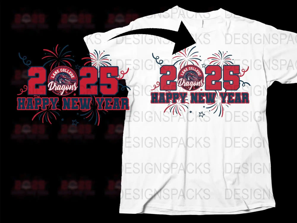 2025 Happy New Year Lane College Dragons t-shirt design with fireworks