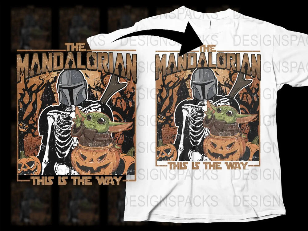 Mandalorian Halloween t-shirt design with Baby Yoda in pumpkin, skeleton, and 'This is the Way' text