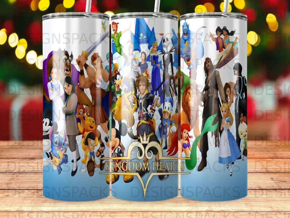 Kingdom Hearts characters surround a "KINGDOM HEARTS" logo on a blue gradient tumbler.
