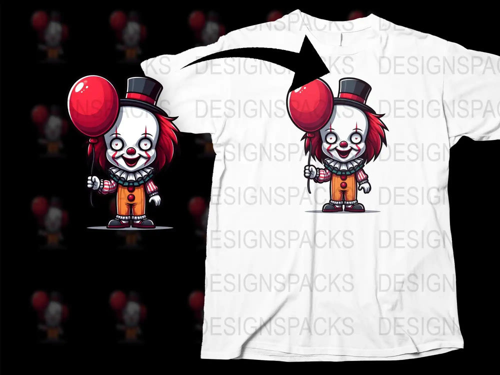 Cute clown with red balloon, print-ready design for t-shirts, DTF/DTG, embroidery, SVG/PNG files