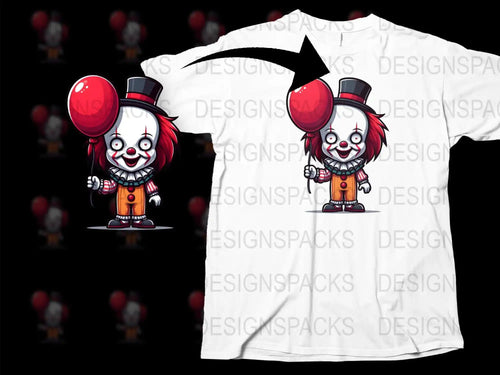 Cute clown with red balloon, print-ready design for t-shirts, DTF/DTG, embroidery, SVG/PNG files