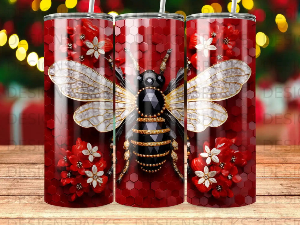 Bee with hexagonal pattern and red floral accents on a tumbler.