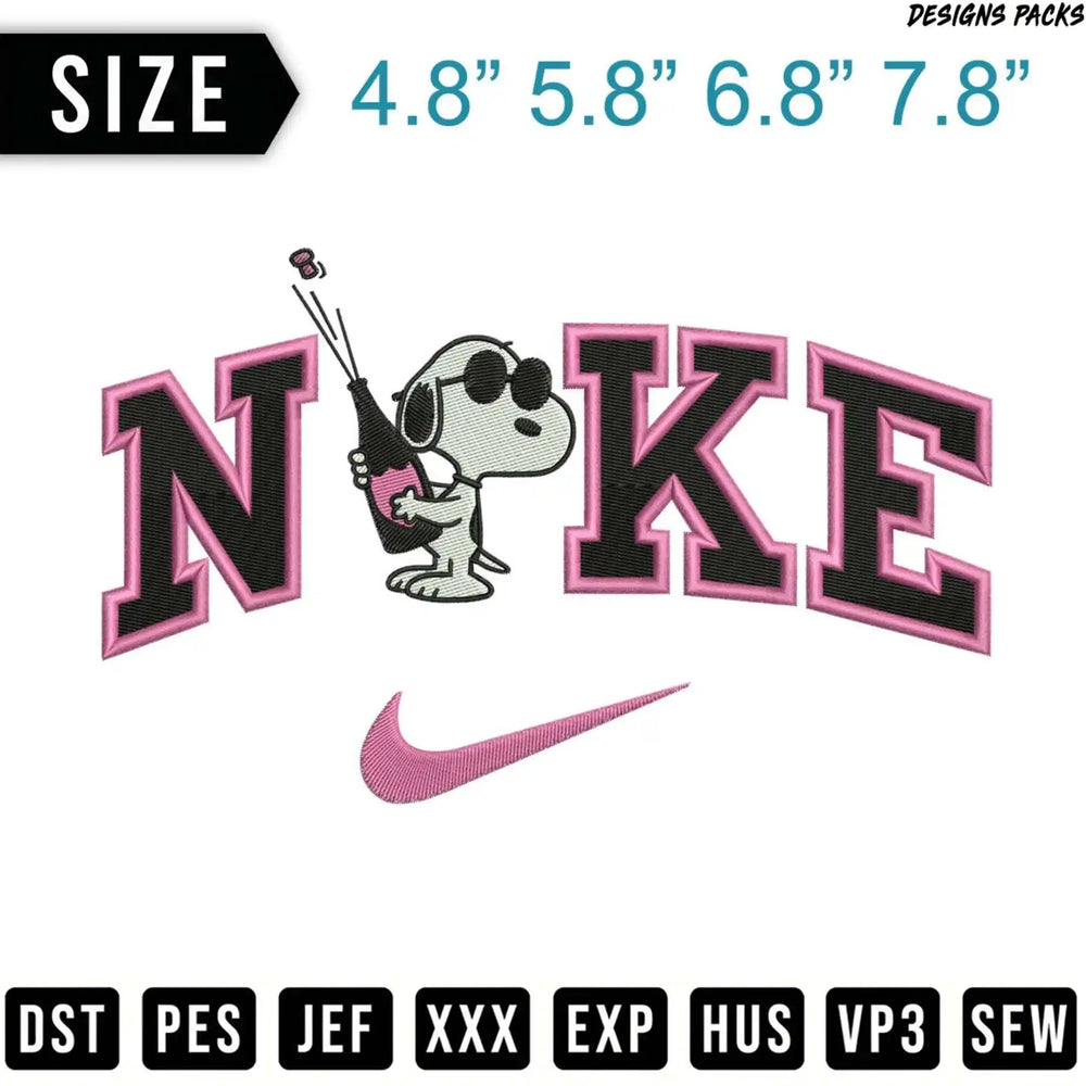 Snoopy wearing sunglasses and holding a champagne bottle with Nike logo.