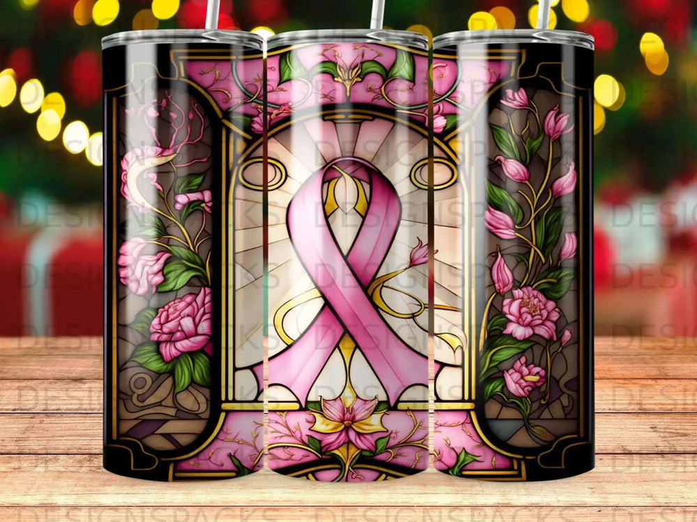 Pink breast cancer ribbon on stained glass design with floral accents.