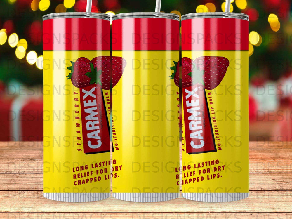 Three Carmex lip balm tubes with strawberry imagery and bold red lettering.