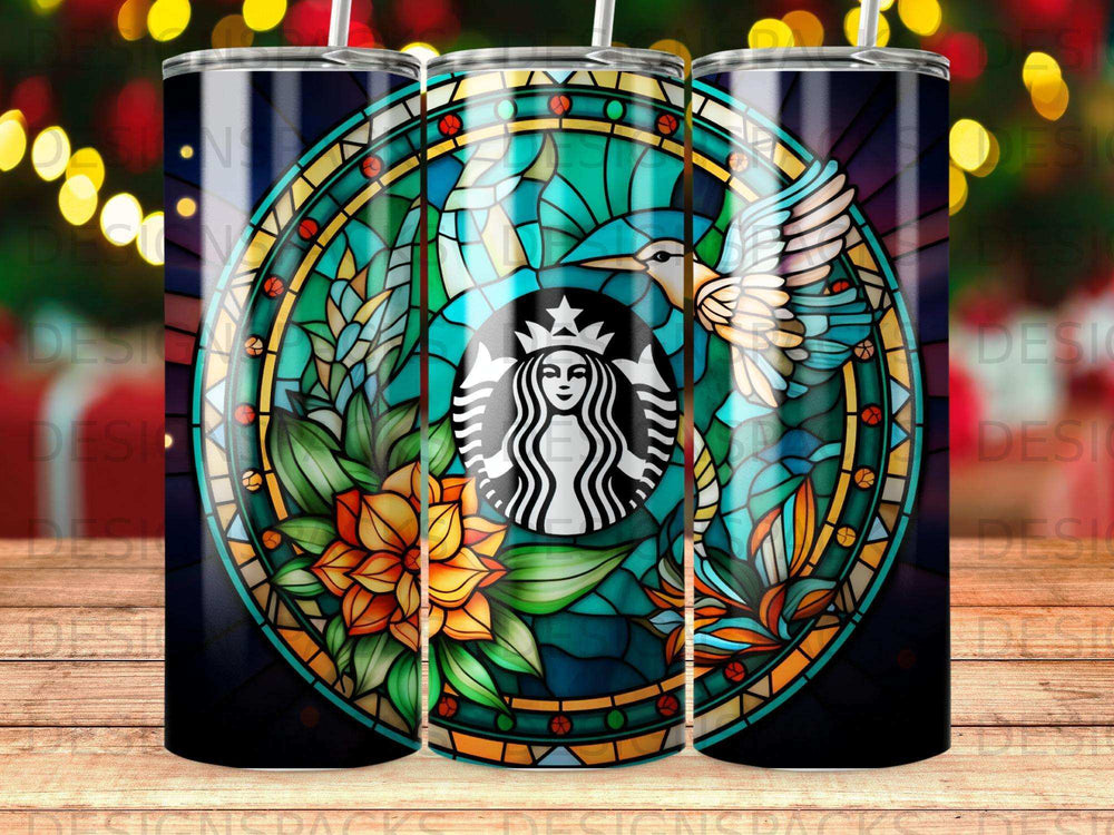 Starbucks logo on stained glass pattern with hummingbird and flowers.