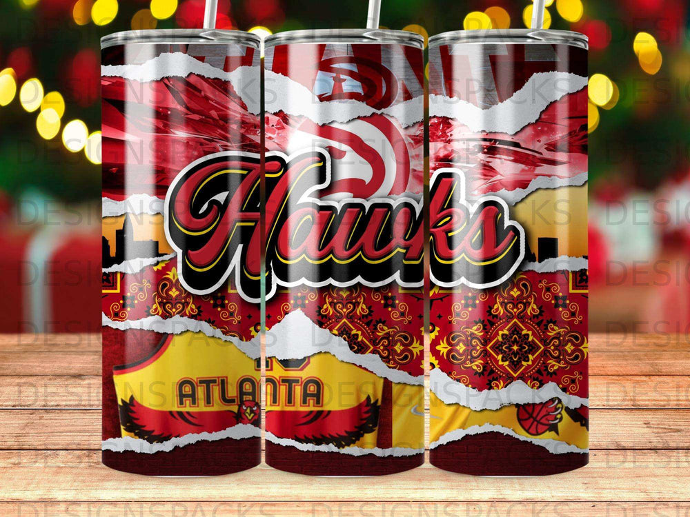 Atlanta Hawks logo and basketball on a red, gold, and black patterned tumbler.