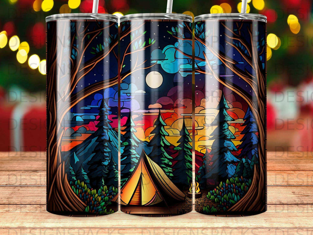 Tent in forest with moon and colorful sunset sky.
