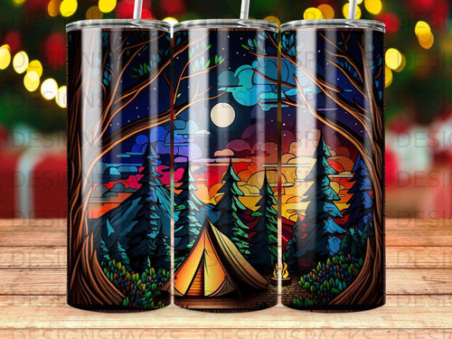 Tent in forest with moon and colorful sunset sky.