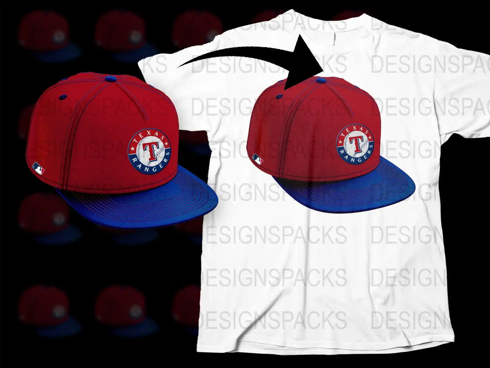 Texas Rangers cap design for t-shirt, red and blue baseball hat print-ready graphic