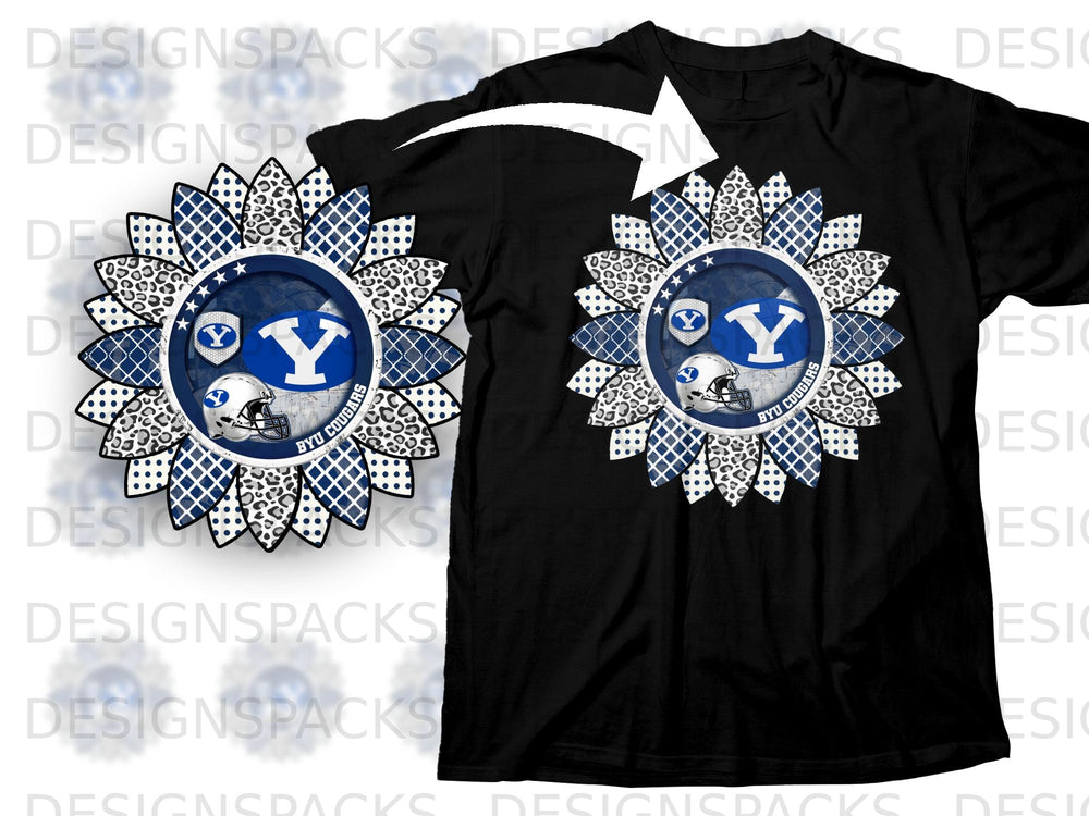 Sunflower design with BYU Cougars logo, helmet, and leopard print patterns.