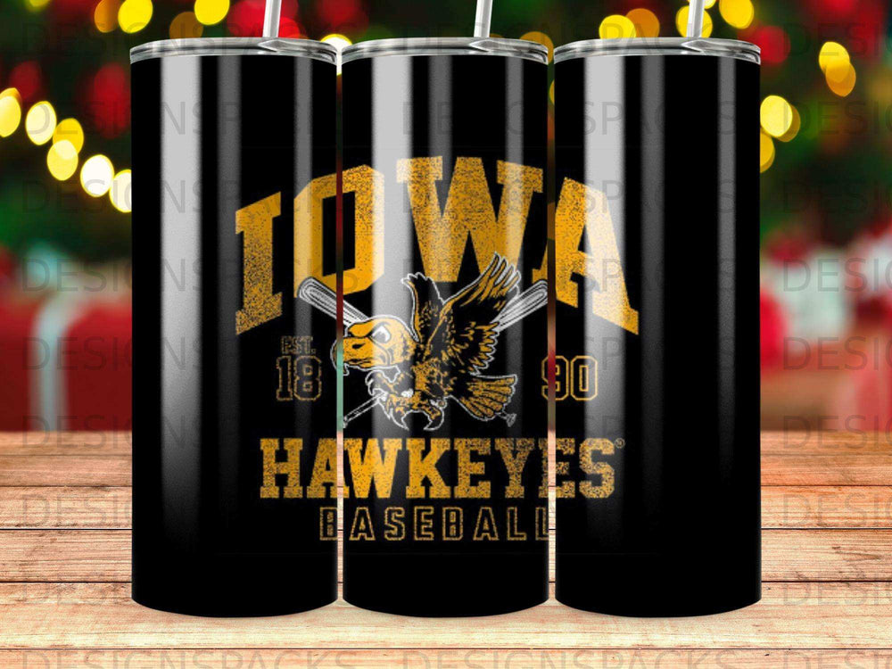 Iowa Hawkeyes baseball tumbler with mascot and baseball bats.