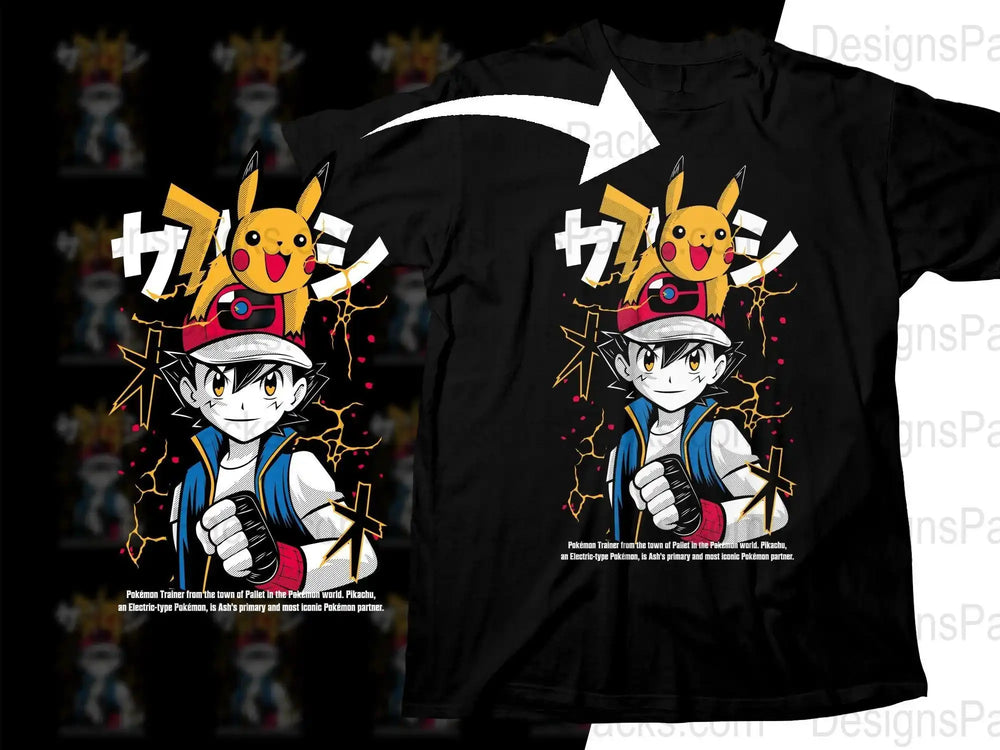 Ash and Pikachu Pokémon t-shirt design with electric effects and Japanese text