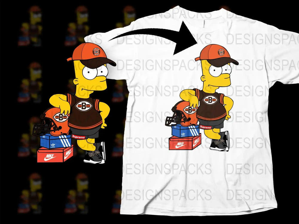 Homer Simpson Cleveland Browns football design for DTF DTG t-shirt printing, featuring Supreme, Nike, Adidas branding