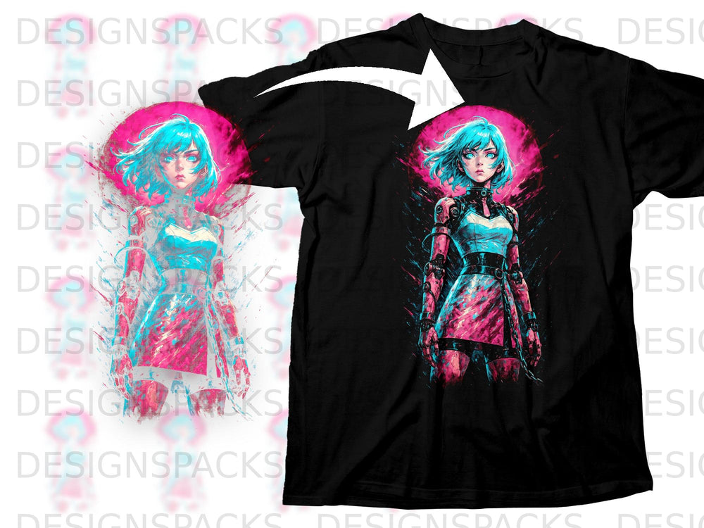 Black t-shirt featuring a cyberpunk anime girl with blue hair and pink accents.
