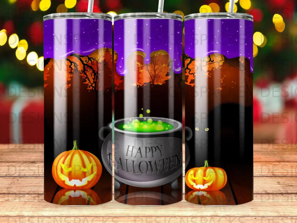 Halloween tumbler with pumpkins, cauldron, and spooky tree background.