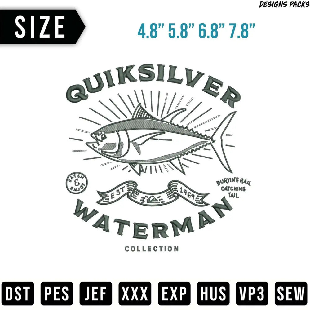 Quiksilver Waterman Collection logo with tuna fish and size options.