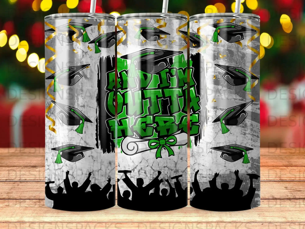 Graduation tumblers with caps, diplomas, and cheering crowd silhouettes.