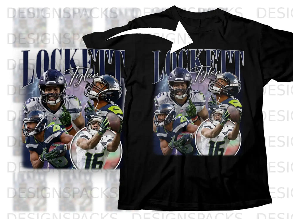 Seattle Seahawks players Tyler Lockett and DK Metcalf on a black t-shirt graphic.