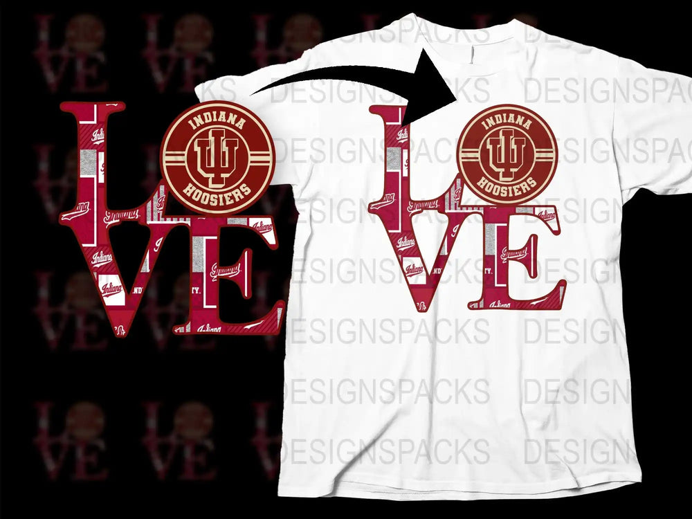 Indiana Hoosiers LOVE design on white t-shirt, print-ready for DTF/DTG, embroidery, or tumbler wraps.