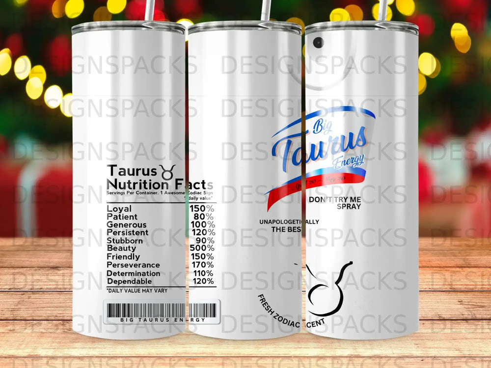 Tumbler with Taurus zodiac sign and "Big Taurus Energy" slogan.