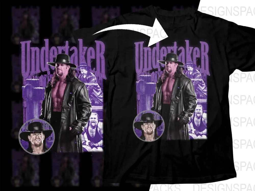 Undertaker wrestling design on black t-shirt with purple accents, print-ready for DTG or DTF