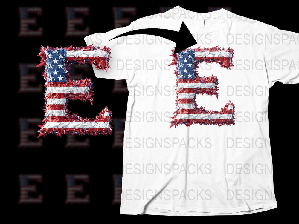 Patriotic USA Letter E T-Shirt, American Flag Print, Distressed Style, Unisex Graphic Tee for Fourth of July