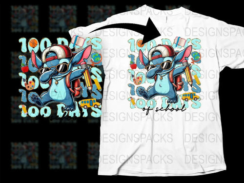 Stitch dabbing with pencil, '100 Days of School' design, print-ready for DTG/DTF t-shirts