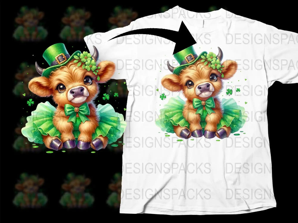 Cute calf in green St. Patrick's Day hat and tutu on white t-shirt design