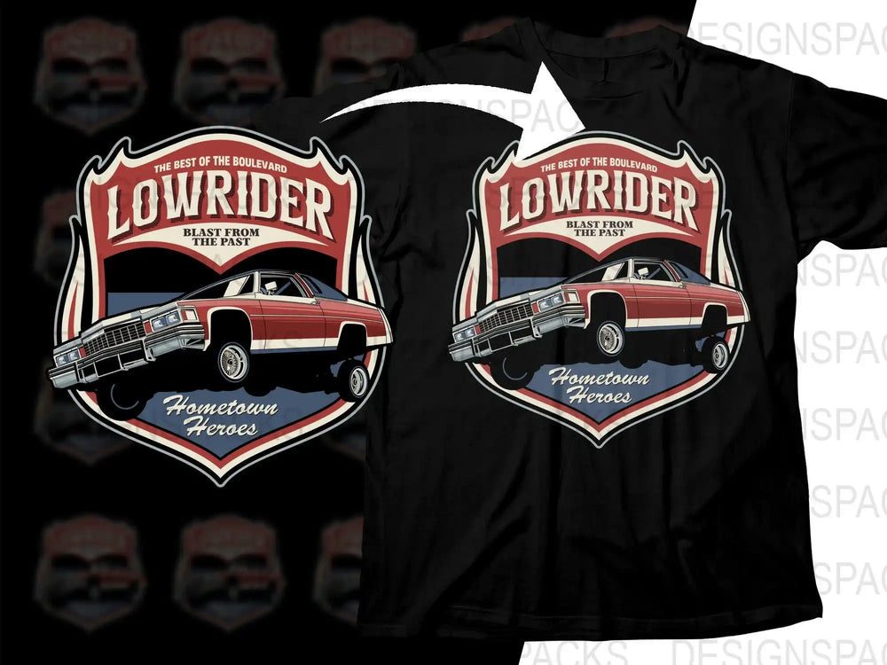 Lowrider car t-shirt design with 'Blast from the Past' and 'Hometown Heroes' text