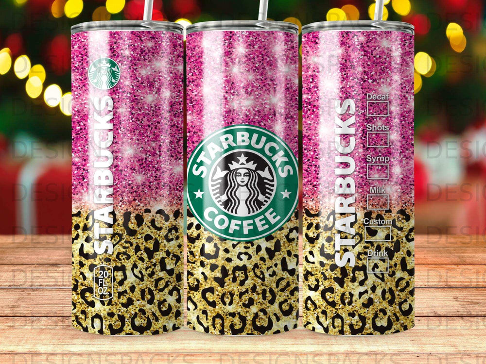 Starbucks tumbler with leopard print and pink glitter, showing 20 fl oz and drink options.