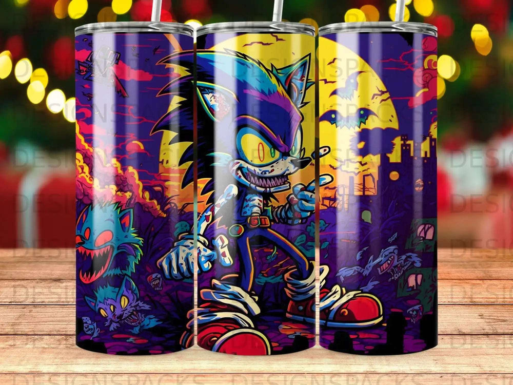 Sonic the Hedgehog cartoon character with glowing eyes and sharp teeth, moonlit night.