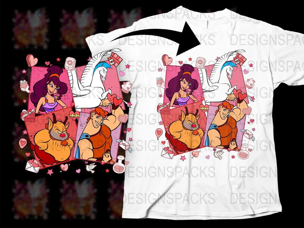Valentine's themed cartoon t-shirt design with characters, hearts, and gifts