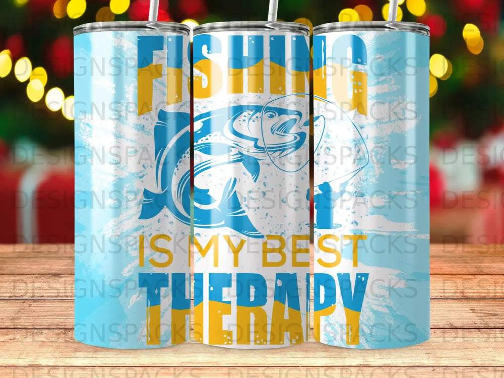 Blue tumbler with fishing theme: "Fishing is my therapy" text and fish graphic.