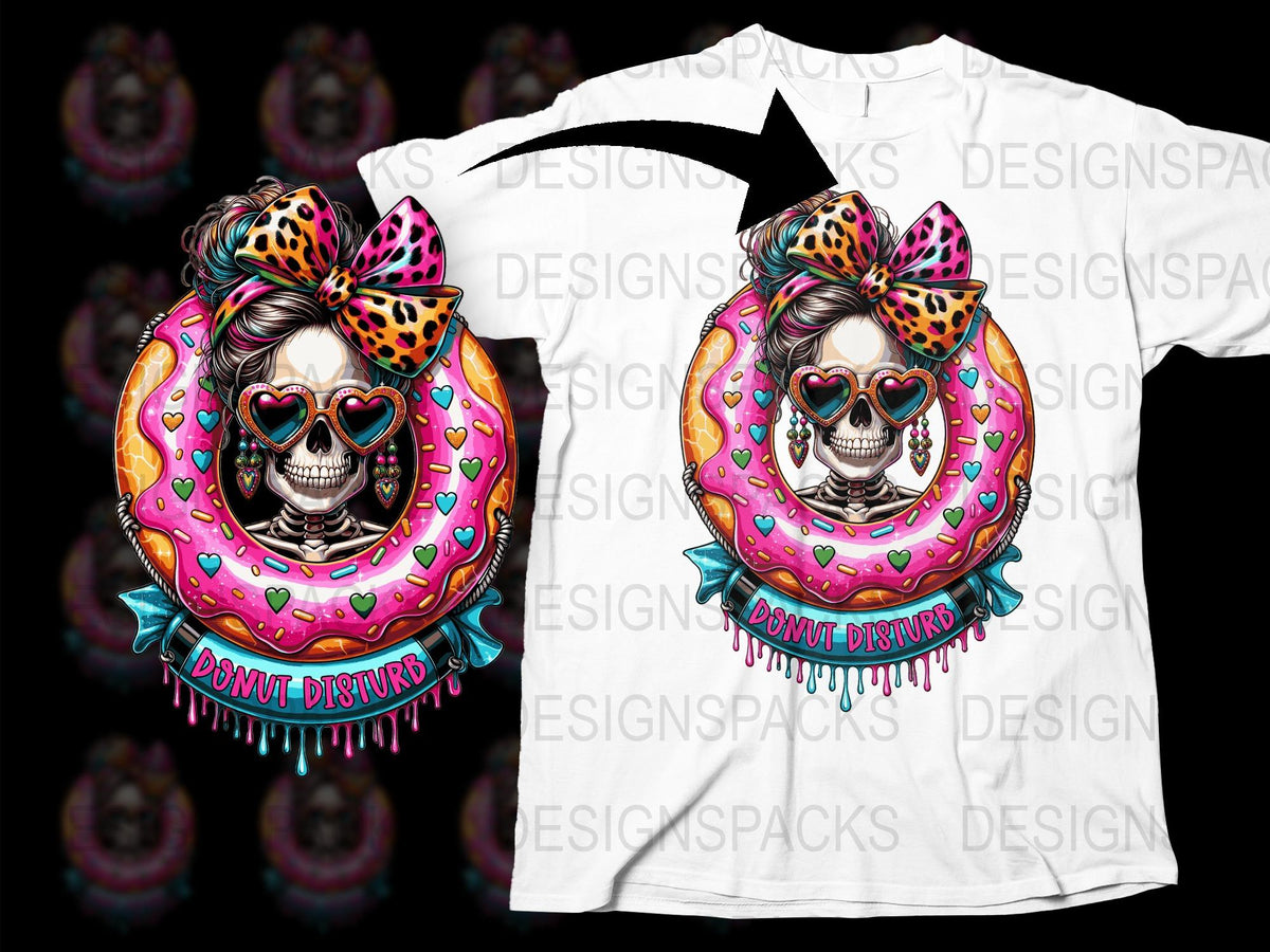 Donut Disturb Skull T-Shirt, Colorful Pink Bow, Leopard Print, Unique Graphic Tee, Unisex Cotton Shirt