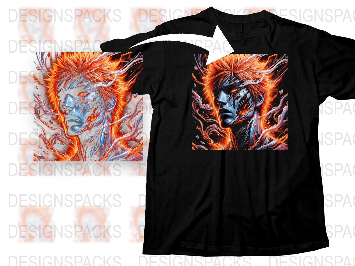 Flame Lion Graphic T-Shirt, Vibrant Orange and Blue Fire Art, Men's Stylish Casual Tee, Unique Animal Design Shirt