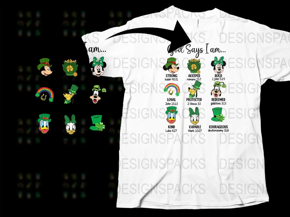 St. Patrick’s Day Disney T-Shirt Design with Mickey, Minnie, Goofy, Donald & Daisy in green hats, Bible verses, and shamrocks