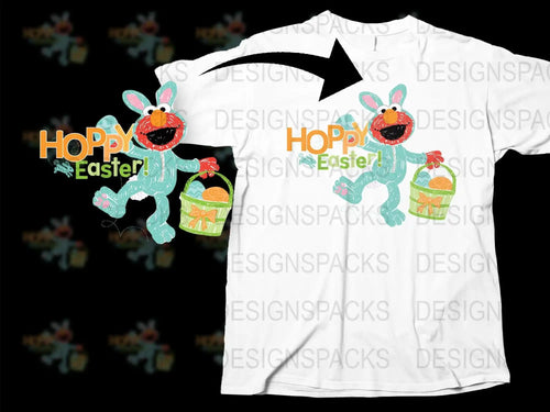 Hoppy Easter Elmo bunny design on white t-shirt with egg basket, perfect for DTF/DTG printing