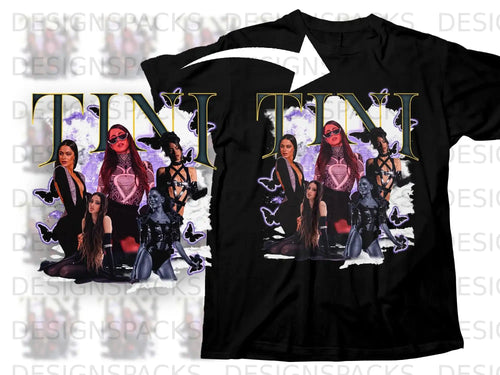 TINI band graphic tee with purple butterflies and three stylized singers.