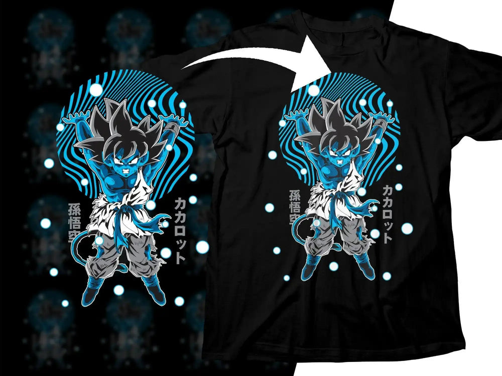 Blue Goku t-shirt design with Japanese text, ideal for DTF/DTG printing