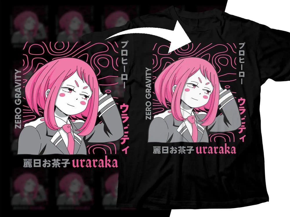 Anime girl Uraraka t-shirt design with pink hair, school uniform, and 'Zero Gravity' text for DTF/DTG printing