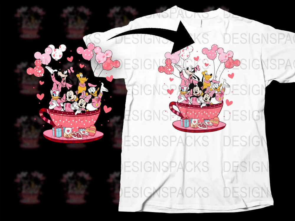 Disney characters in pink teacup with hearts, perfect for DTF/DTG printing, print-ready PNG design