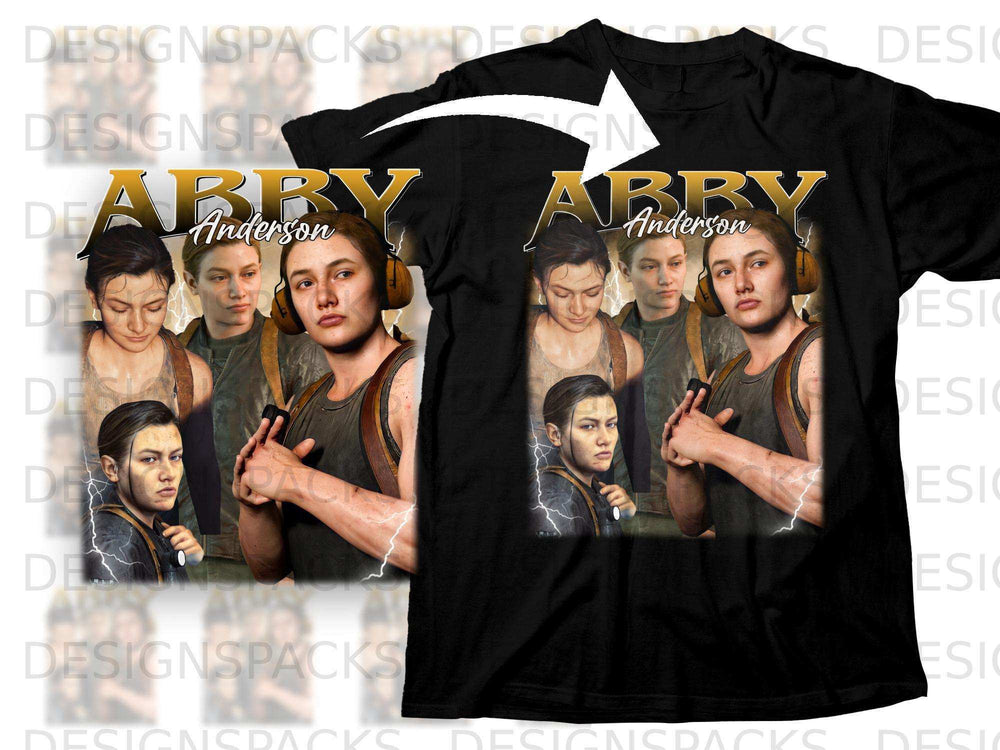 T-shirt with "Abby Anderson" text and characters from a video game.