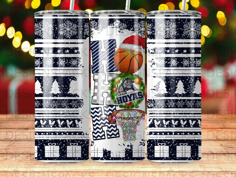 Tumbler with basketball hoop, "Hoyas" text, and snowflake pattern.