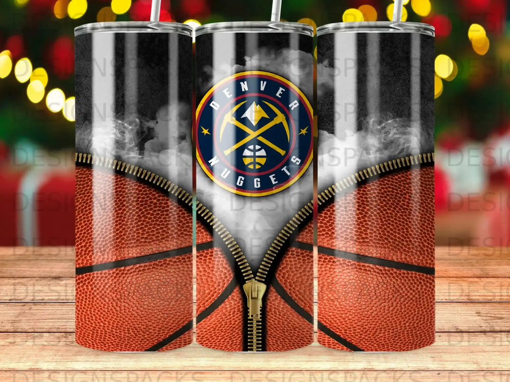 Denver Nuggets basketball tumbler with zipper and smoky background.